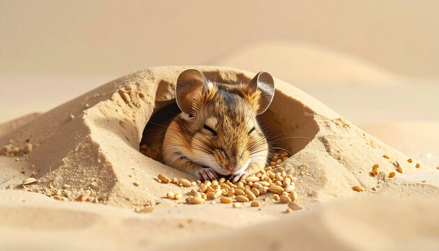 Adorable desert jerboa mouse peacefully sleeping nestled in a sandy burrow surrounded by grains and seeds under warm daylight