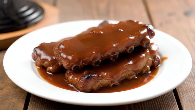 Sizzling barbecued pork ribs smothered in a rich, glossy sauce, resting on a clean white plate, atop a rustic wooden table