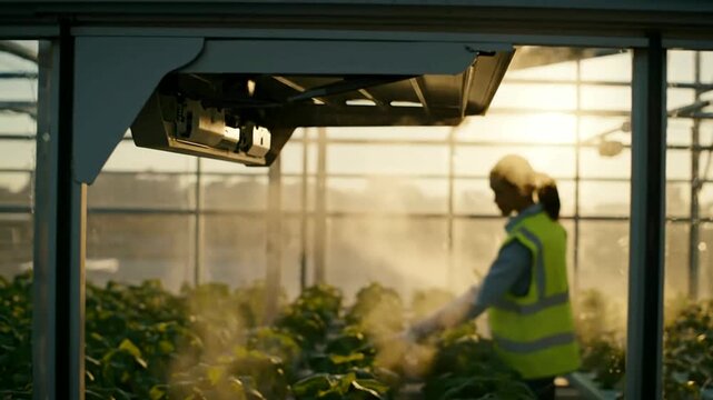 Smart greenhouse sprays crops automatically inside modern glasshouse or automated system regulates moisture in greenhouse environment