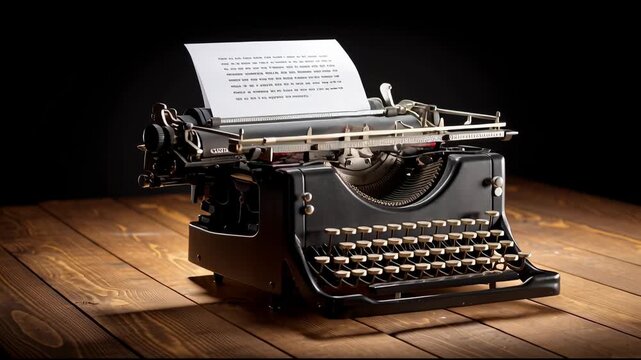 Observe the typewriter as it types lines on paper while showing different angles and close-up views of the machine and keys.