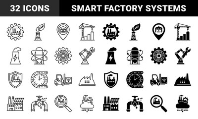 Fototapeta premium Industrial Smart Manufacturing Hybrid Icons Featuring Factory Automation Sustainable Energy Logistics and Digital Infrastructure Integration in Dual Style
