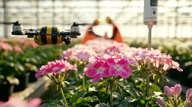 Smart greenhouse drone inspects flowering plants interior agricultural environment or Autonomous drone monitors crops inside modern horticulture facility