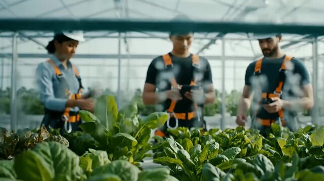 Engineers analyze plants inside greenhouse regulating environment or Farmers monitor greens inside glasshouse controlling humidity