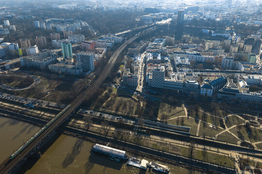 Aerial view of Warsaw SKM train on Srednicowy Bridge over Vistula