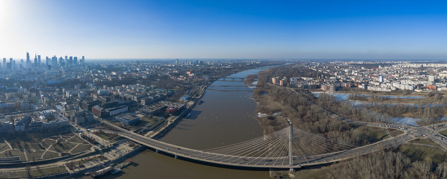 Aerial panorama of Warsaw and Vistula River with Swietokrzyski Bridge