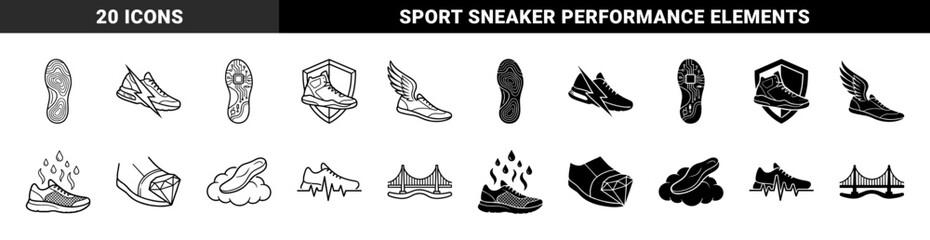 Fototapeta premium Athletic footwear technology symbols featuring hybrid shoe designs with lightning bolts wings diamonds clouds and circuit board sole patterns
