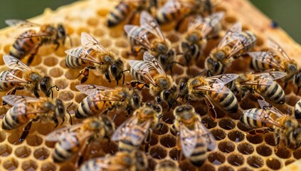 Close up of honey bees on a honeycomb create a sense of industry and nature