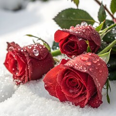 Red roses on the snow with water droplets on them