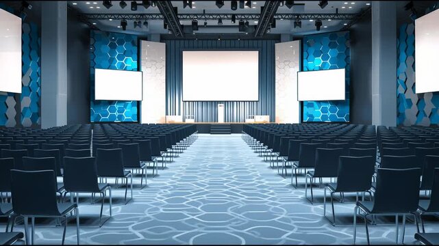 Chairs are arranged facing the front where large screens are placed for presentations in a modern conference hall setting.