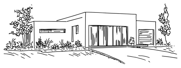 Modern minimalist house architecture sketch with large glass windows and garage © Kaz