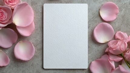 A white card with a blank space sits on a table with pink petals and roses
