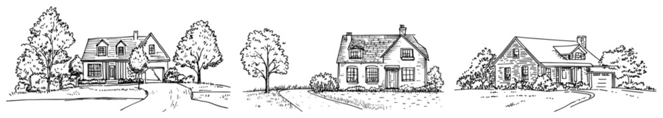 Set of three traditional suburban cottage sketches with trees and pathways © Kaz