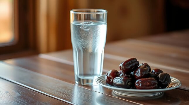 A refreshingly cold glass of clear water with ice cubes and visible condensation stands prominently on a warm, textured wooden surface. Adjacent to it, a small white dish is bountifully filled with lu
