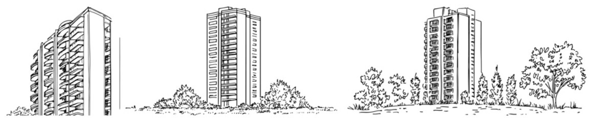 Series of residential high rise buildings and apartment towers in hand drawn doodle style © Kaz