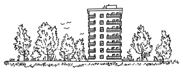 Hand drawn illustration of a tall apartment block building surrounded by trees and birds © Kaz