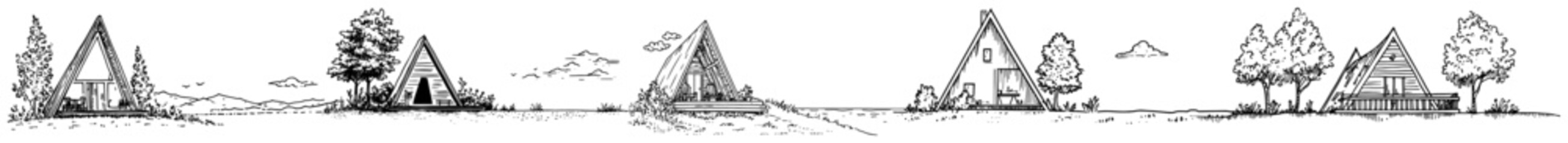Hand drawn sketch of A-frame cabins and tiny houses in a nature landscape setting