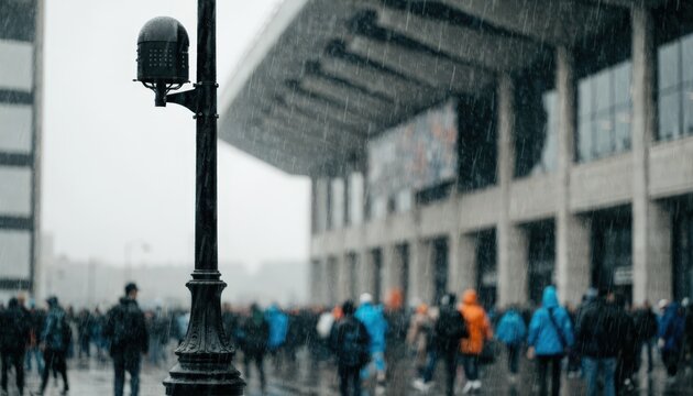 small cell positioned on a lamppost near a stadium entrance sharpened against softfocus crowds and event banners.