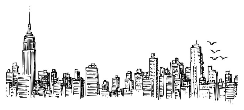 Hand drawn architectural sketch of a busy city skyline with skyscrapers and tall office towers