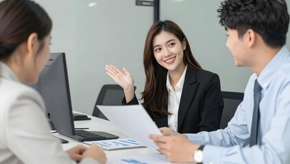 Fototapeta premium Young woman smiling while having a discussion with her colleagues at the office