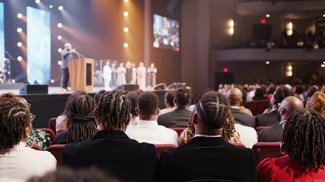 Audience Attending a Conference or Church Service with Speaker on Stage