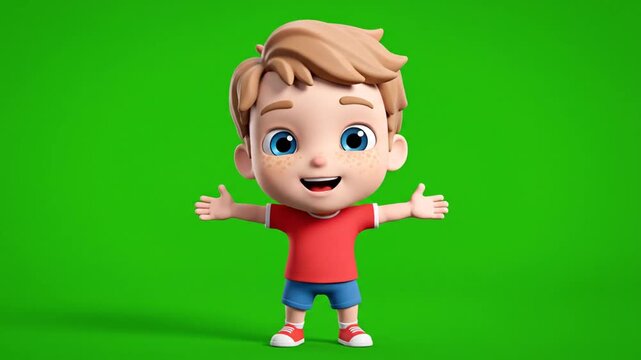 A cartoon boy with freckles and blue eyes, wearing a red shirt and blue shorts, arms outstretched, on a green backdrop