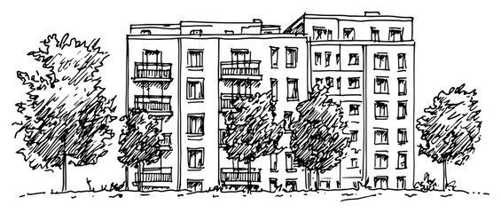 Urban apartment block architectural sketch featuring multiple balconies and green trees © Kaz