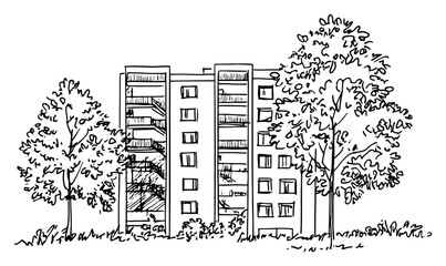 High rise apartment building sketch with residential windows and surrounding trees © Kaz