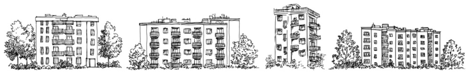Set of four different modern apartment block sketches for urban housing design © Kaz