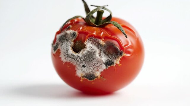 Red tomato covered in white and black mold on white background