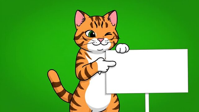 A cartoon cat, orange with dark stripes, on a green background. The smiling cat holds up a blank white sign, pointing at it with one paw. Its tail is to the left
