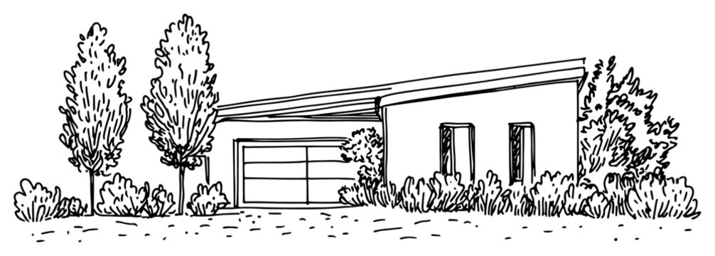 Hand drawn architectural sketch of a modern house with flat roof and trees