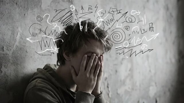 Young Adult Display Stress, Anxiety, and Overwhelm with Animated Thought Bubbles and Sadness