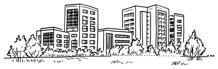 Hand drawn illustration of a modern city business center with several office buildings © Kaz