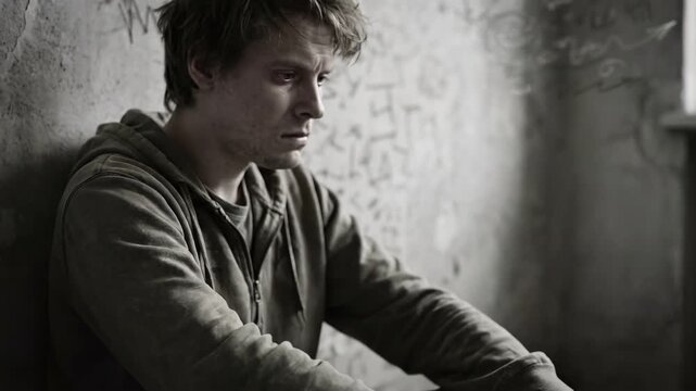 Young Adult Male Experiencing Mental Distress While Sitting Alone Against a Graffiti Wall