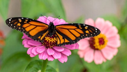 Obraz premium Monarch Butterfly on Zinnia Flower in a Garden.