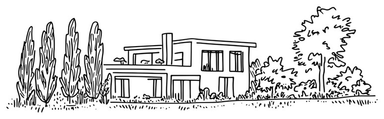 Fototapeta premium Modern luxury villa architectural sketch with flat roof and tall cypress trees