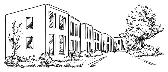 Fototapeta premium Modern minimalist residential row house street perspective sketch with trees