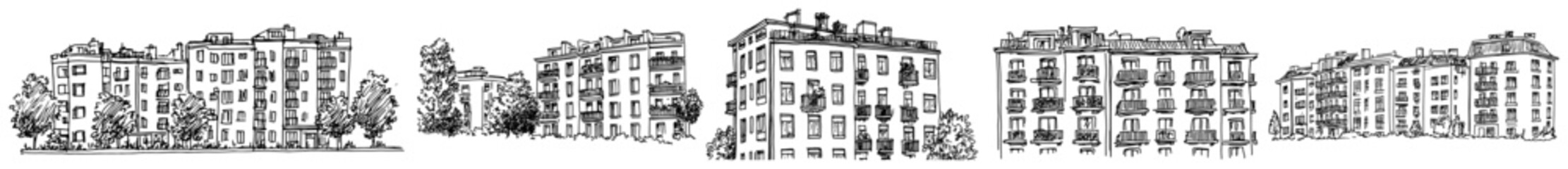Collection of five modern residential apartment block sketches for urban housing © Kaz
