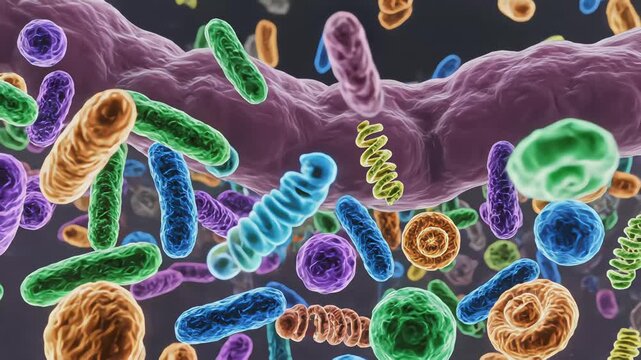 3D medical animation of diverse bacteria types including spirilla and bacilli floating near organic tissue strand