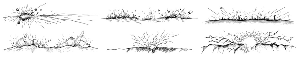 Intense ground explosion and earth crack effect sketches for comic book art © Kaz
