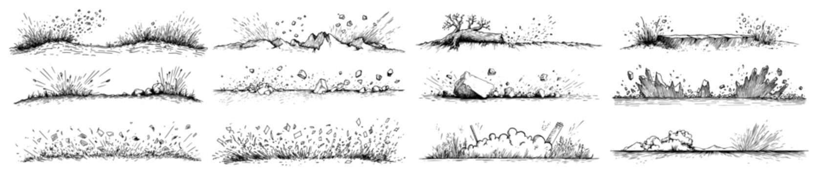 Large collection of ground impact dust and dirt splash effect sketches for animation