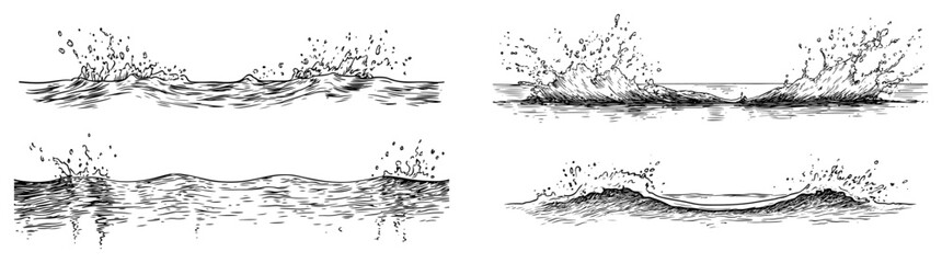Set of hand drawn sketches showing water waves and splashes © Kaz