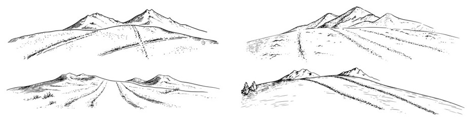 Collection of minimalist mountain landscape sketches showing mountain peaks and hiking trails © Kaz