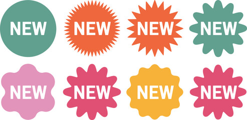 Set of 8 colorful 'NEW' product badge vector labels