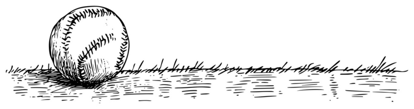 Hand drawn sketch of a baseball sitting on a grassy field in vintage style