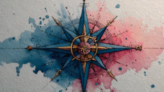 Watercolor Compass Illustration: Vintage Nautical Navigation Tool with Artistic Blue and Pink Background, Detailed Design.