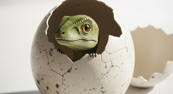 A green lizard emerges from a cracked egg shell in a close-up view
