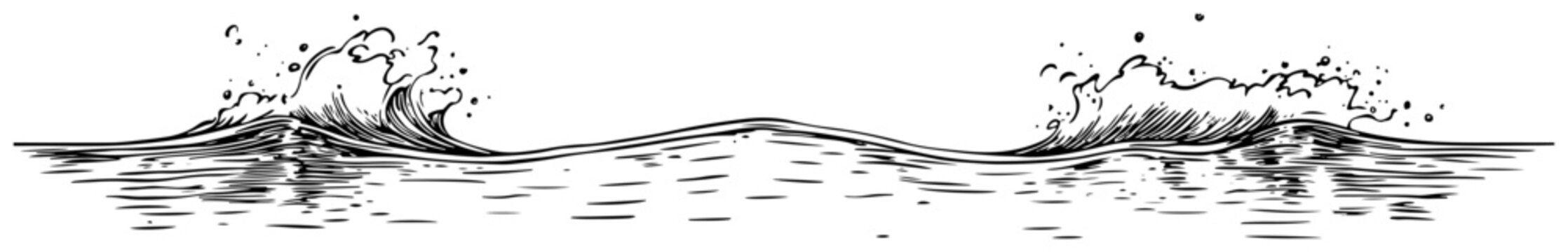 Set of hand drawn ocean wave sketches with splashing water and decorative curves