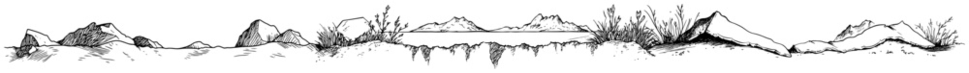 Long panoramic architectural sketch of a rocky landscape with stones and sparse vegetation © Kaz