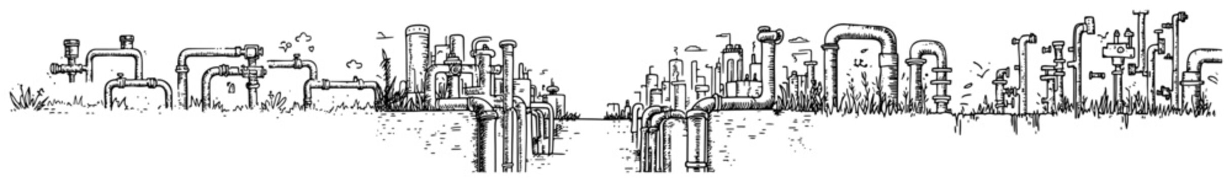 Panoramic architectural sketch of industrial pipeline system with pipes and valves